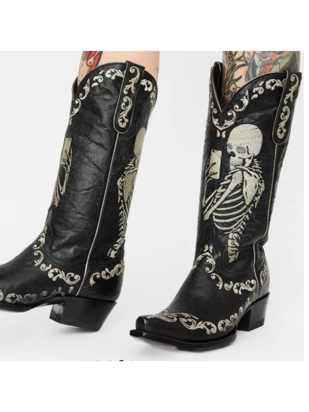Old Gringo • Yippe Kay Yay • Black Leather Selfie Skeleton Cowboy Boots • Sz 8